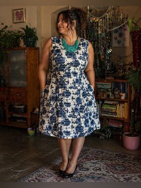 💙 Cleo NWT Size 16 Blue Floral Cotton Blend Fit & Flare Summer Dress • Pockets